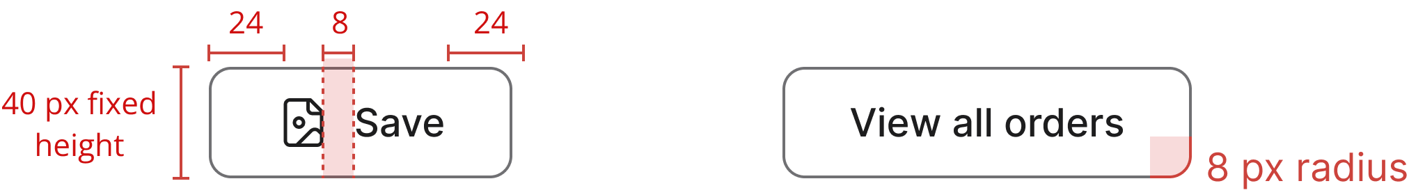 Button spacing specification — padding, height, gap between icon and label, and border radius