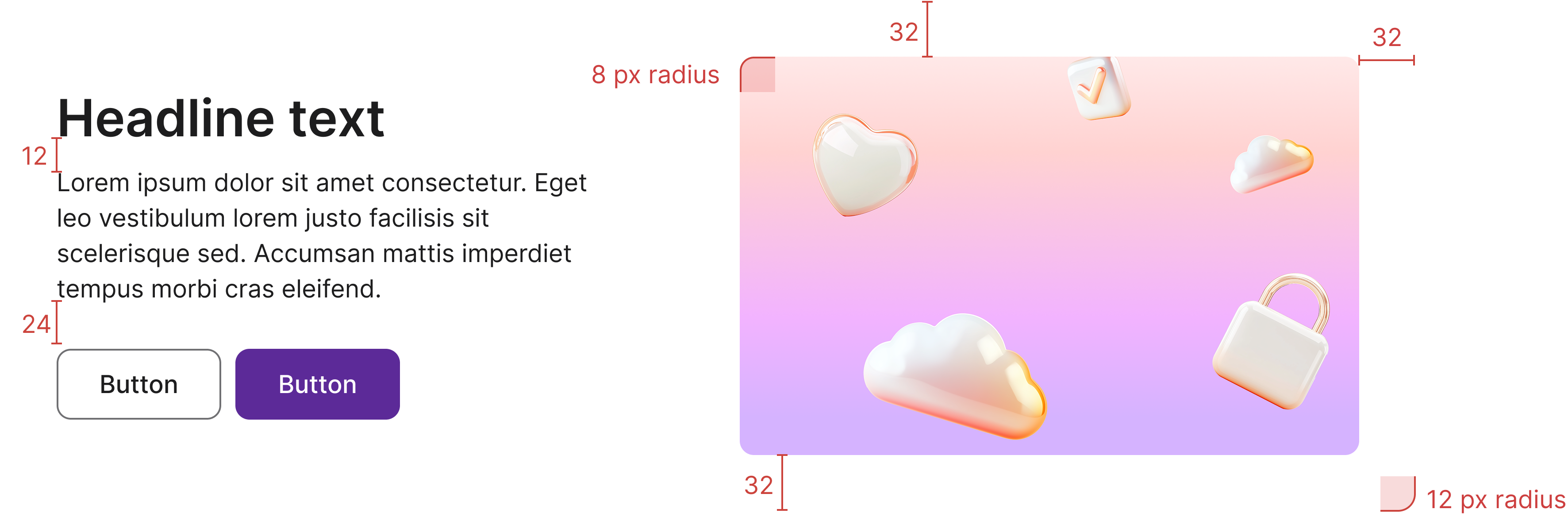 Card specifications showing spacing and border radius values