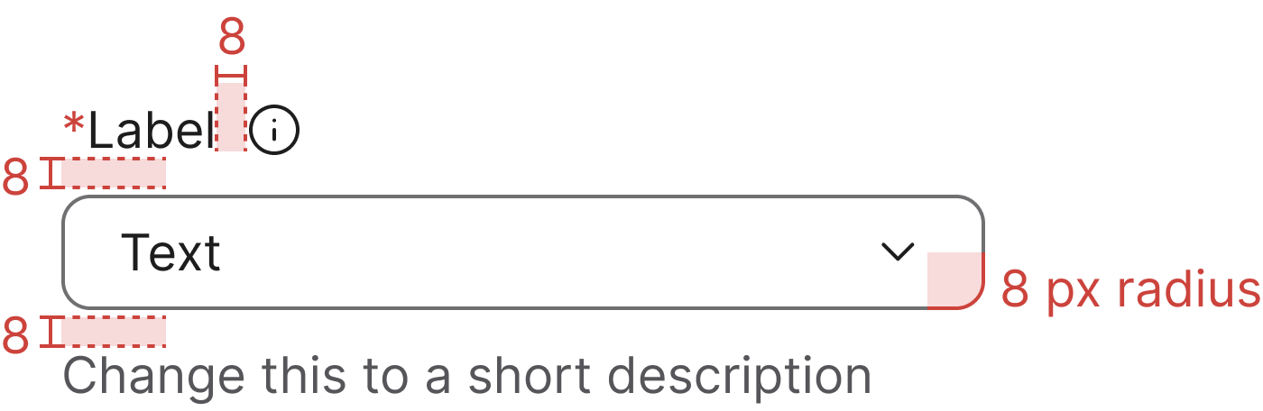 Combobox multi select specifications with spacing and radius annotations