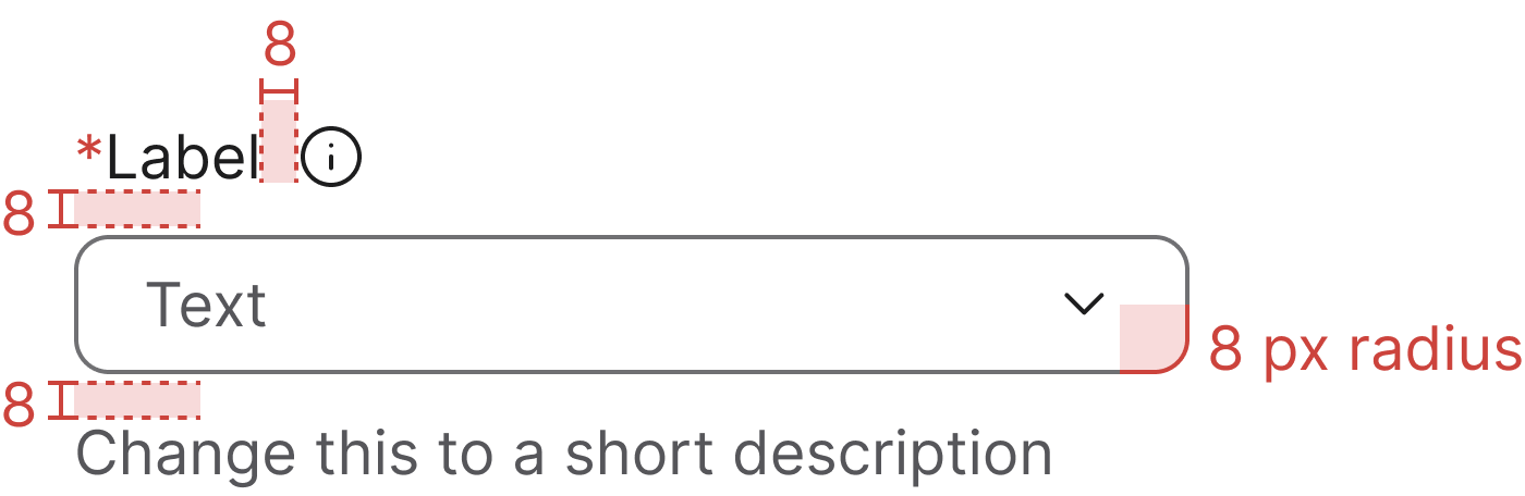 Combobox specifications with spacing and radius annotations