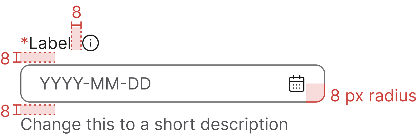 Date picker specifications with spacing and radius annotations