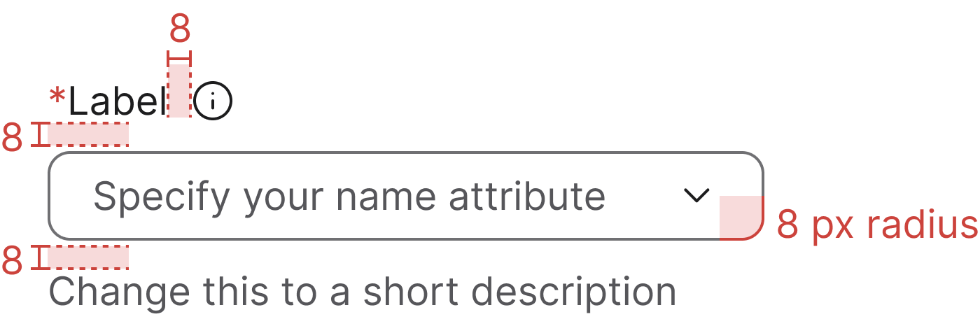 Specifications showing padding, spacing and border radius values for the dropdown component