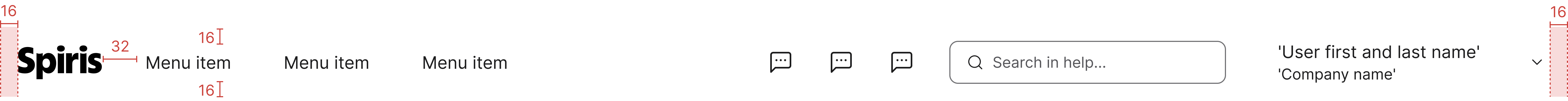 Header specs annotation showing 16 px vertical padding above and below the logo wordmark, 32 px gap between the logo and the first menu item, and 16 px right edge padding
