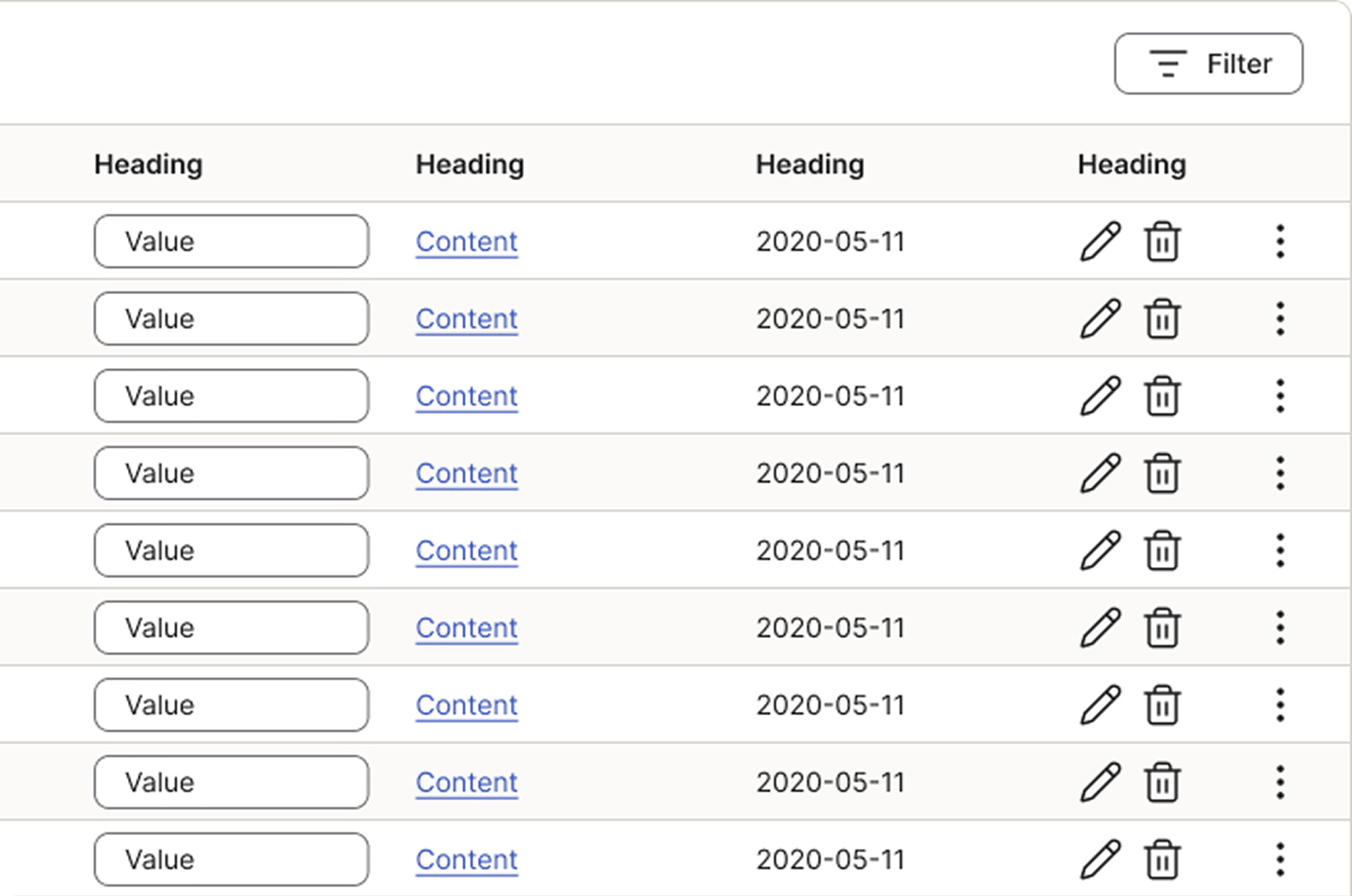 Icon buttons used in a dense table layout — the right-hand column shows row-level actions as compact icon buttons