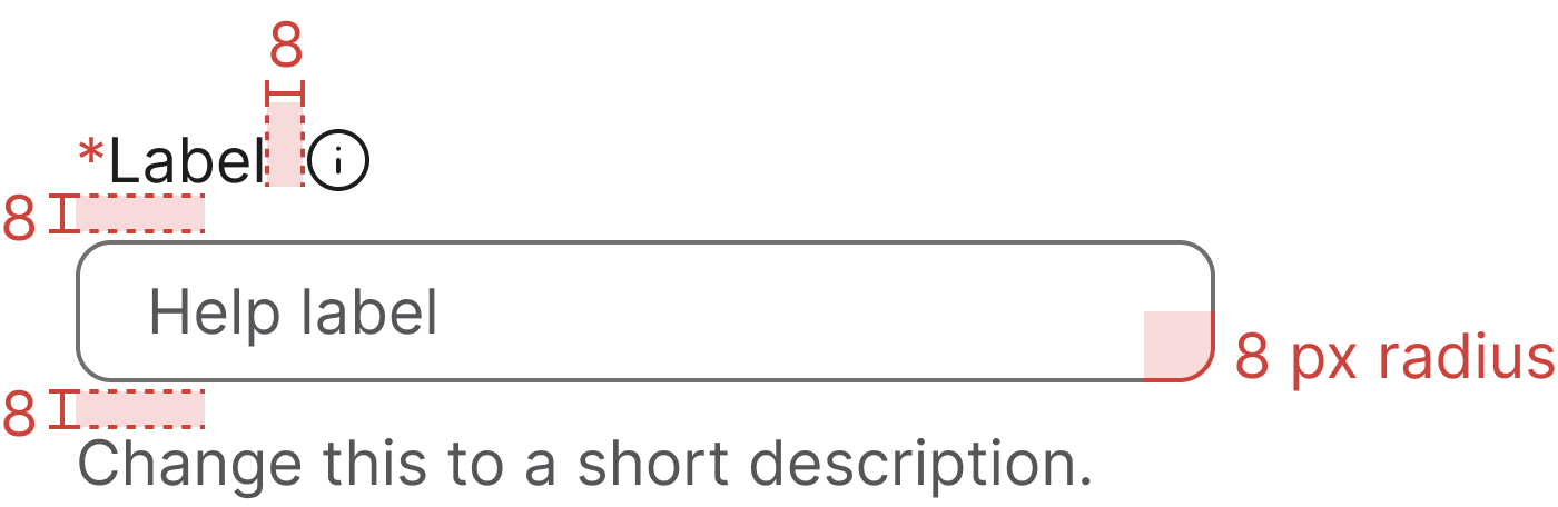 Input field specifications with spacing and radius annotations