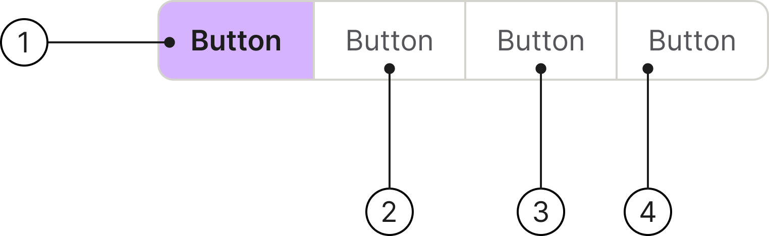Segmented button group anatomy diagram showing selected tab, content tab, label text, and container