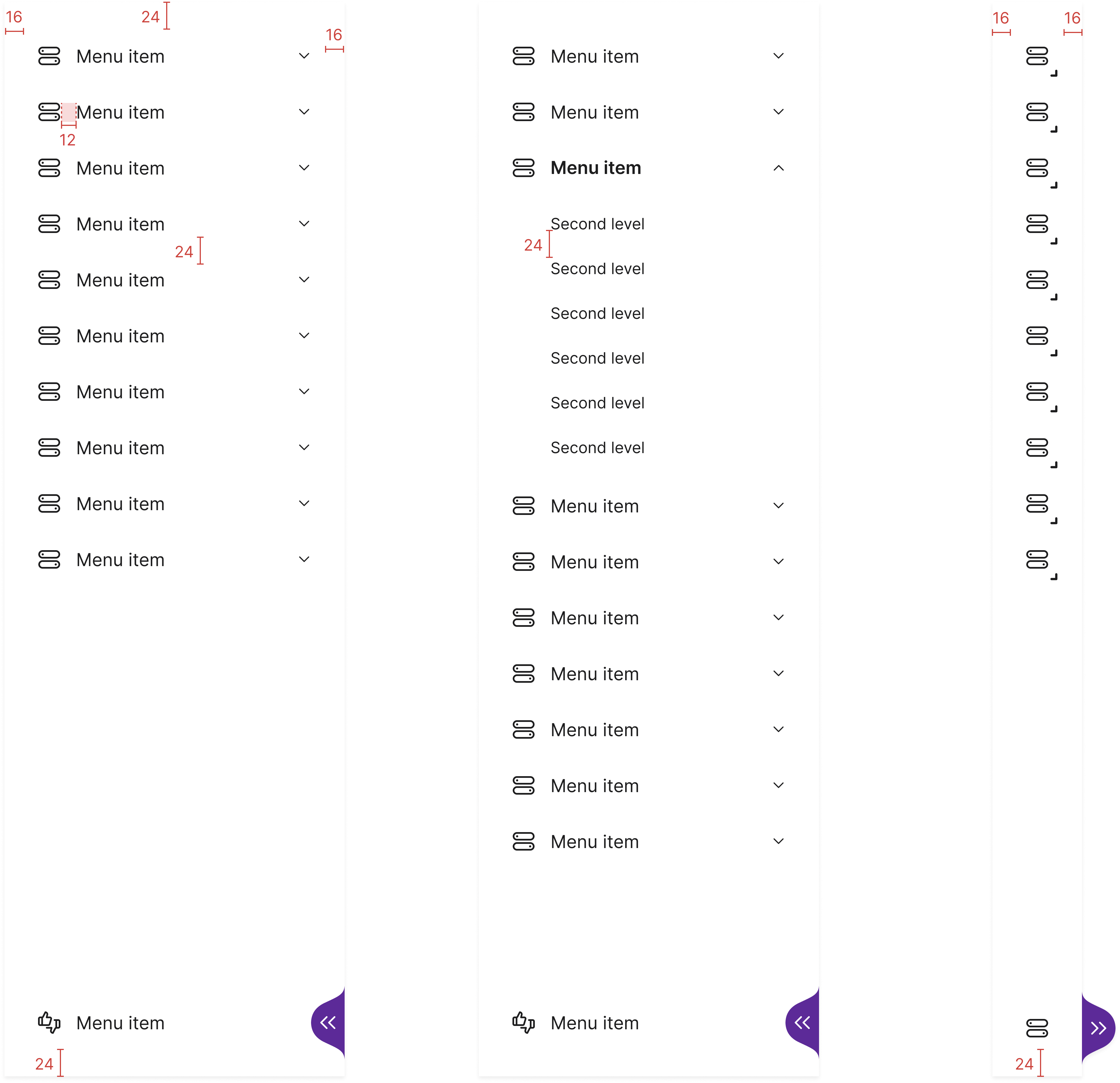 Side menu specifications showing dimensions and spacing for expanded and collapsed variants