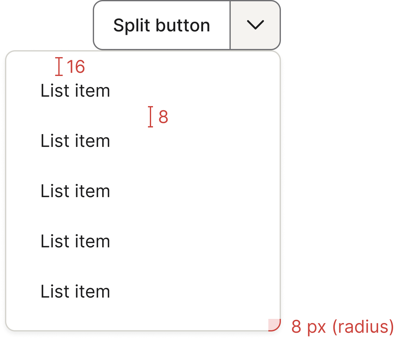 Medium split button with open dropdown — menu spacing and radius