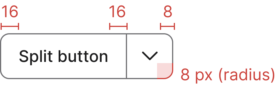 Medium split button spacing specification — padding, height, and border radius