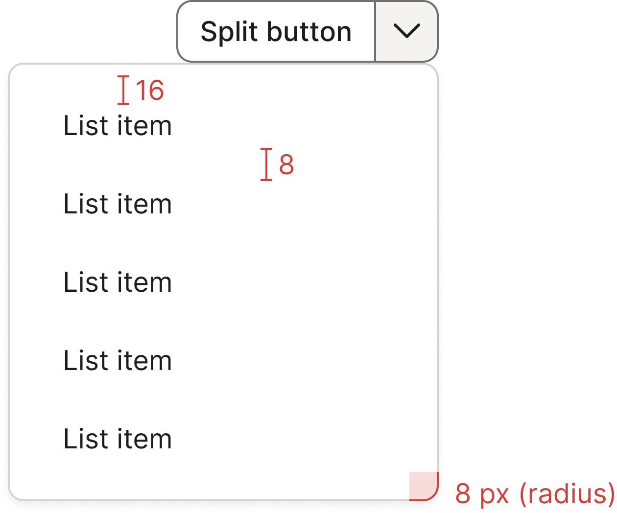 Small split button with open dropdown — menu spacing and radius