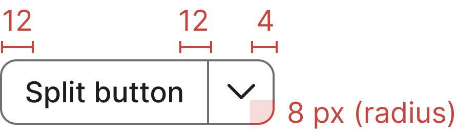 Small split button spacing specification — padding, height, and border radius