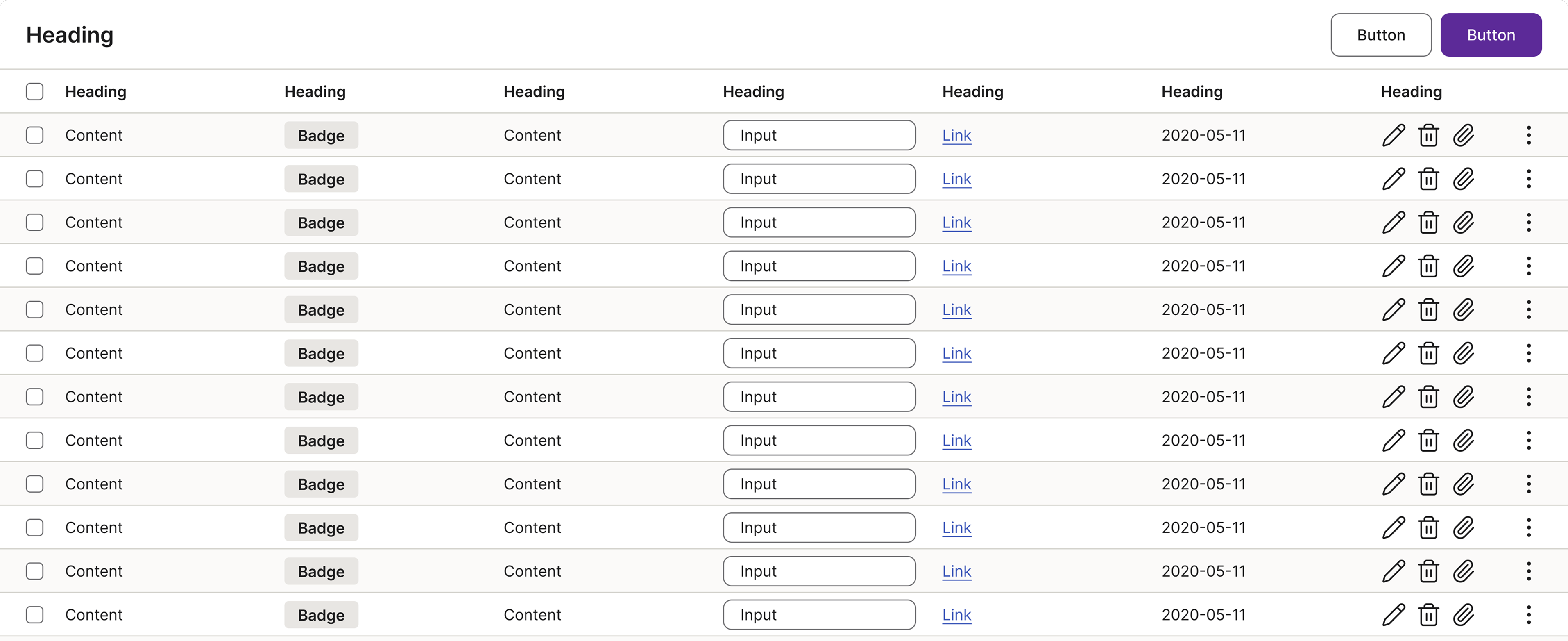 A table demonstrating a descriptive heading, column headings, and a primary action button