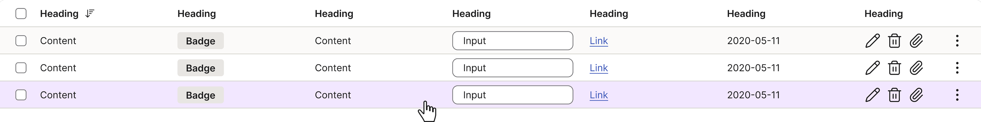 A table row showing the hover state with a light purple background
