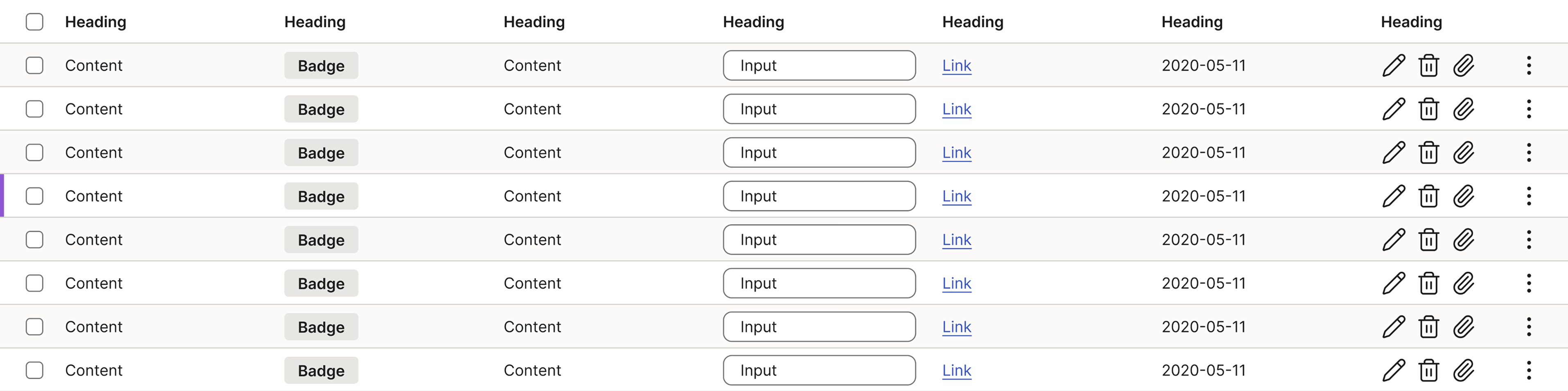 A selected table row showing the solid selection marker on the left-hand edge next to the first column
