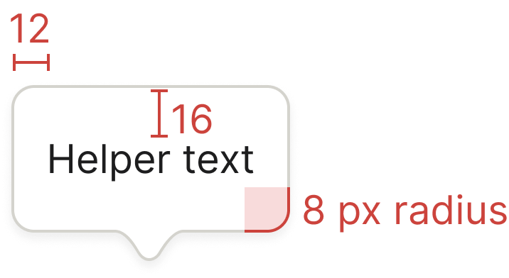 Tooltip specification showing 12 px horizontal padding, 16 px vertical padding, and an 8 px corner radius